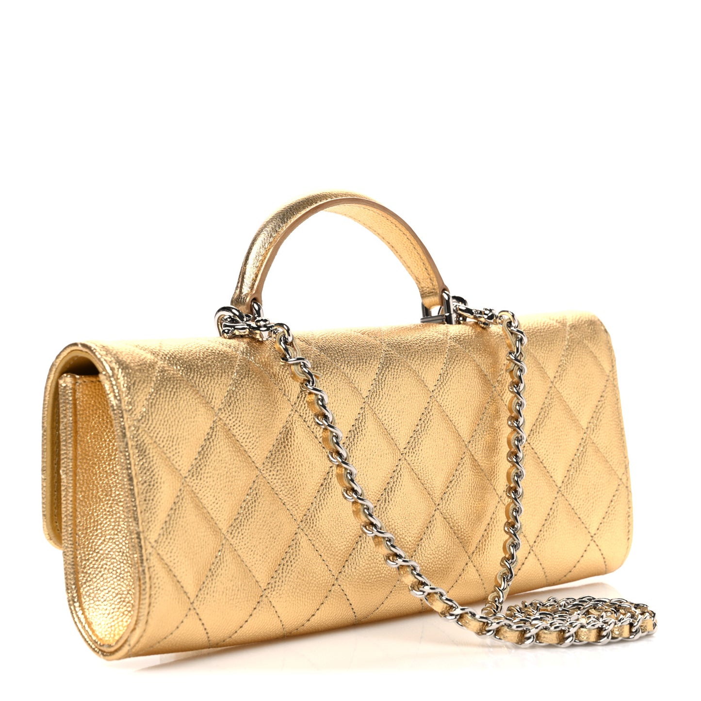 Metallic Caviar Quilted Top Handle Flap Clutch With Chain Gold
