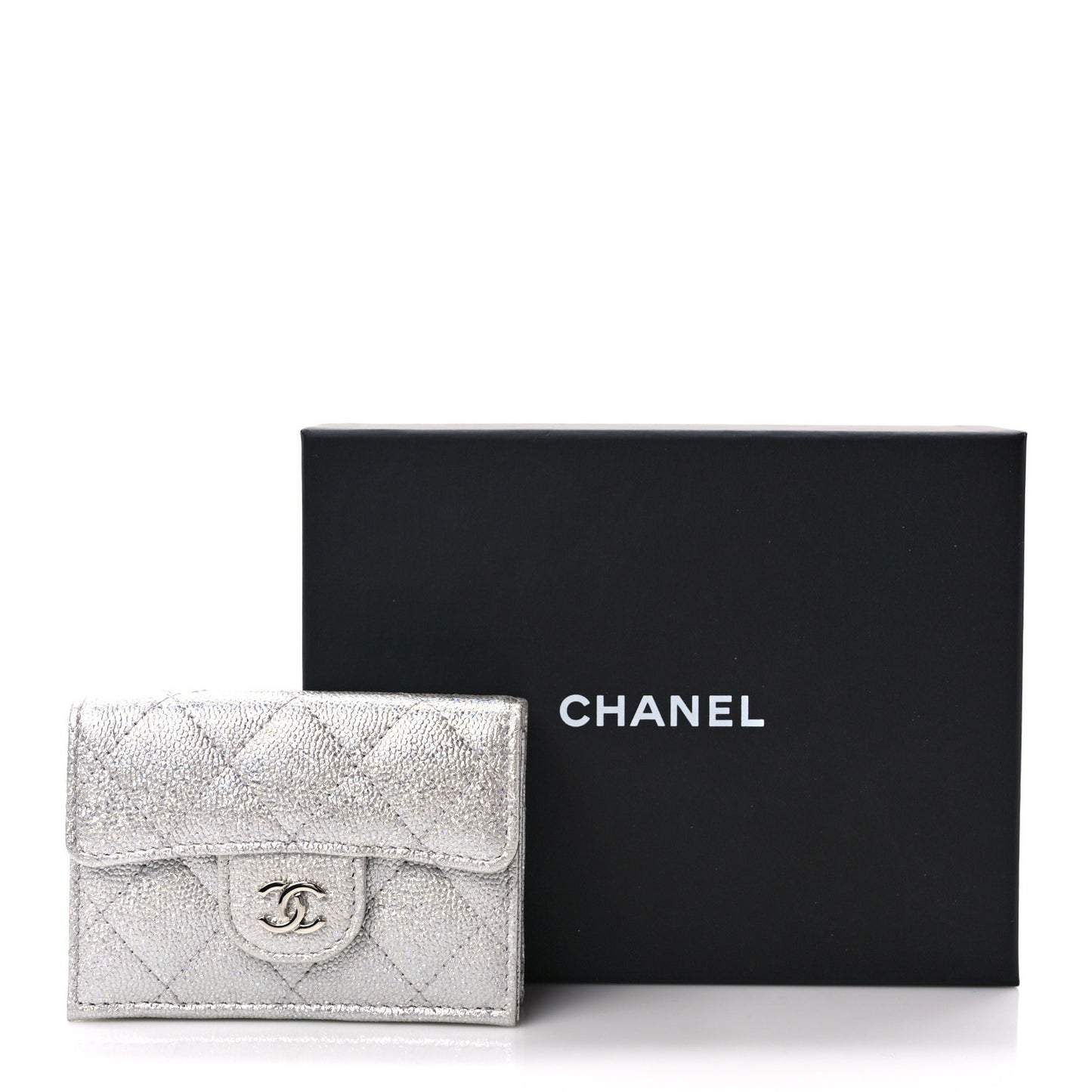 Caviar Quilted Double Flap Wallet Silver
