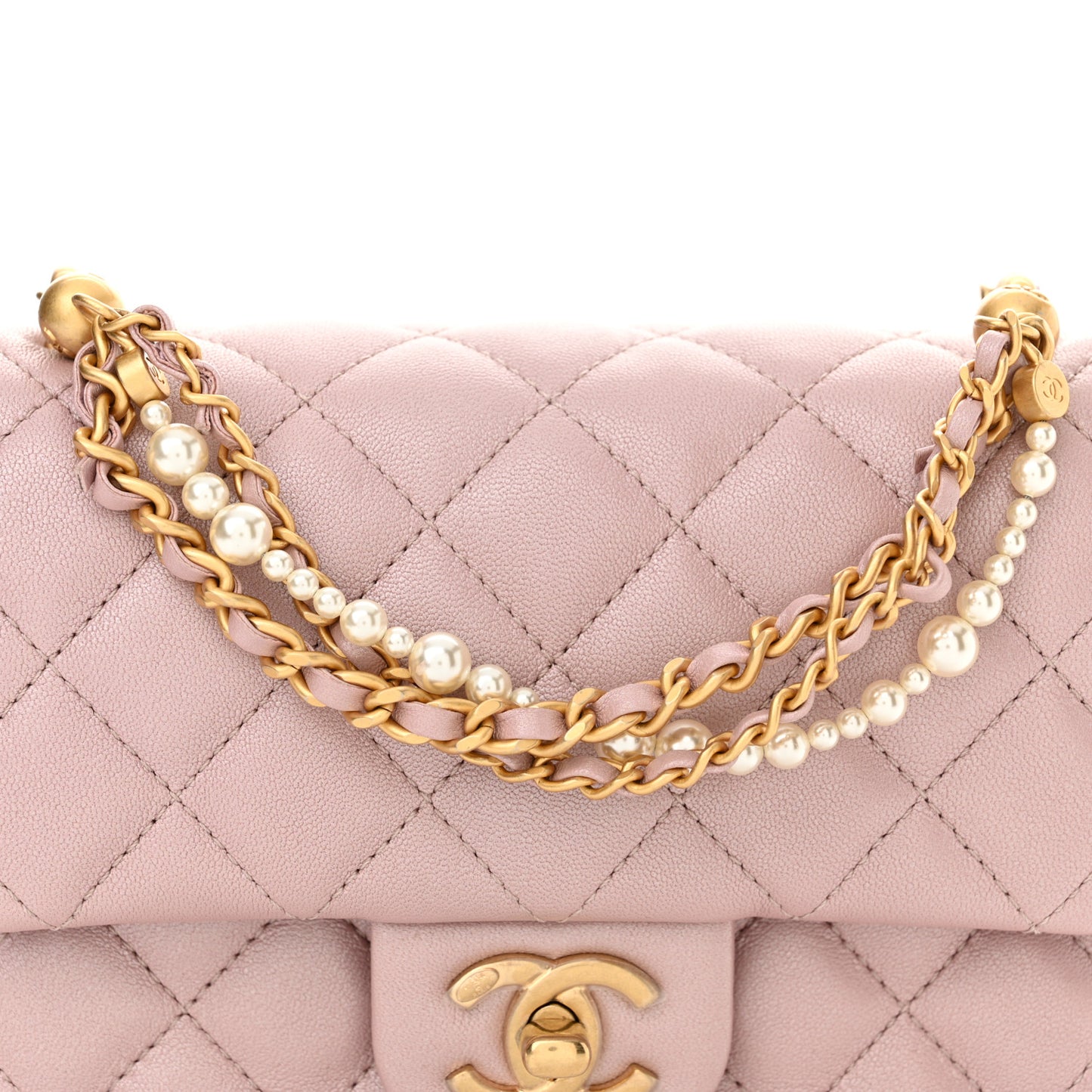 Shiny Lambskin Quilted Pearl Twist Mini Square Flap Light Pink