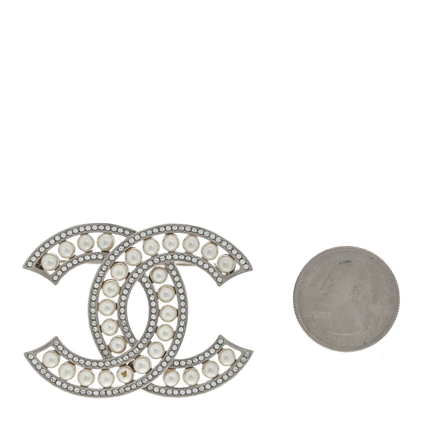 Pearl Crystal CC Brooch Silver