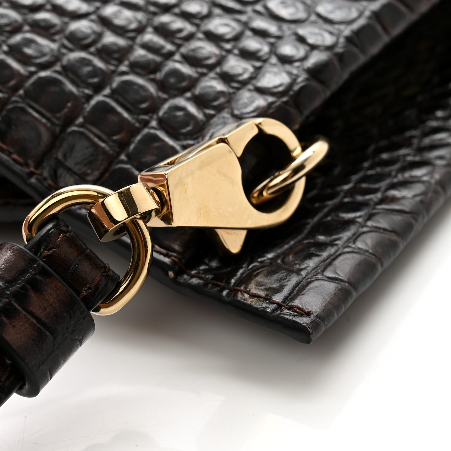 Crocodile Embossed Calfskin Loubi Twist Zip Clutch Bag Brown