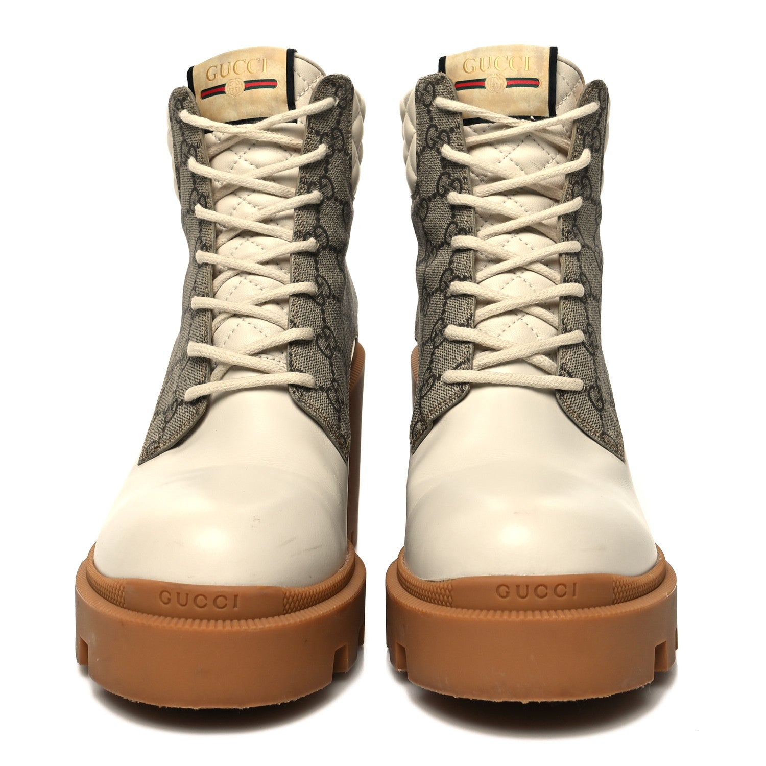 Gucci Calfskin GG Supreme Monogram Nappa Quilted Lace Up Ankle Boots 42 Mystic White Beige 2 of 10