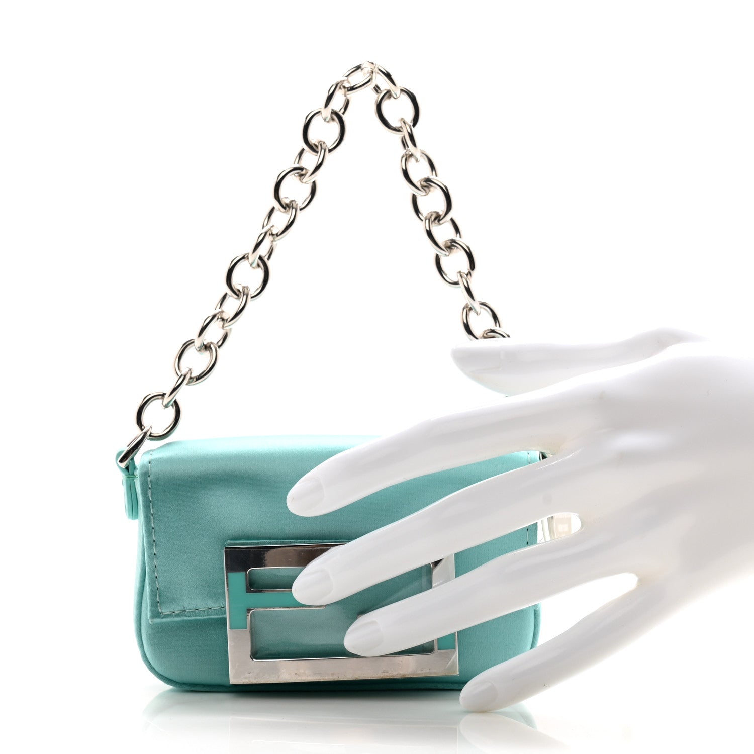 Fendi X TIFFANY Satin Silk Sterling Silver Nano Maxi Buckle Baguette Tiffany Blue 2 of 10