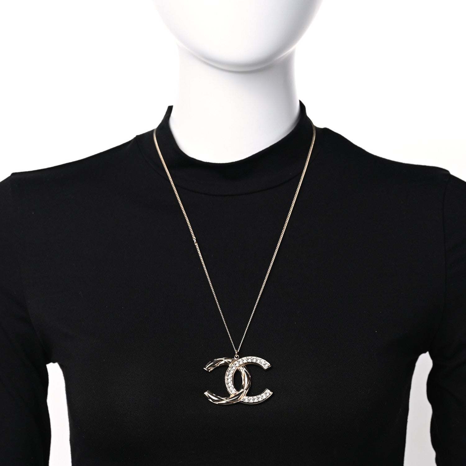 Chanel Crystal Metal Quilted CC Pendant Necklace Gold 2 of 5