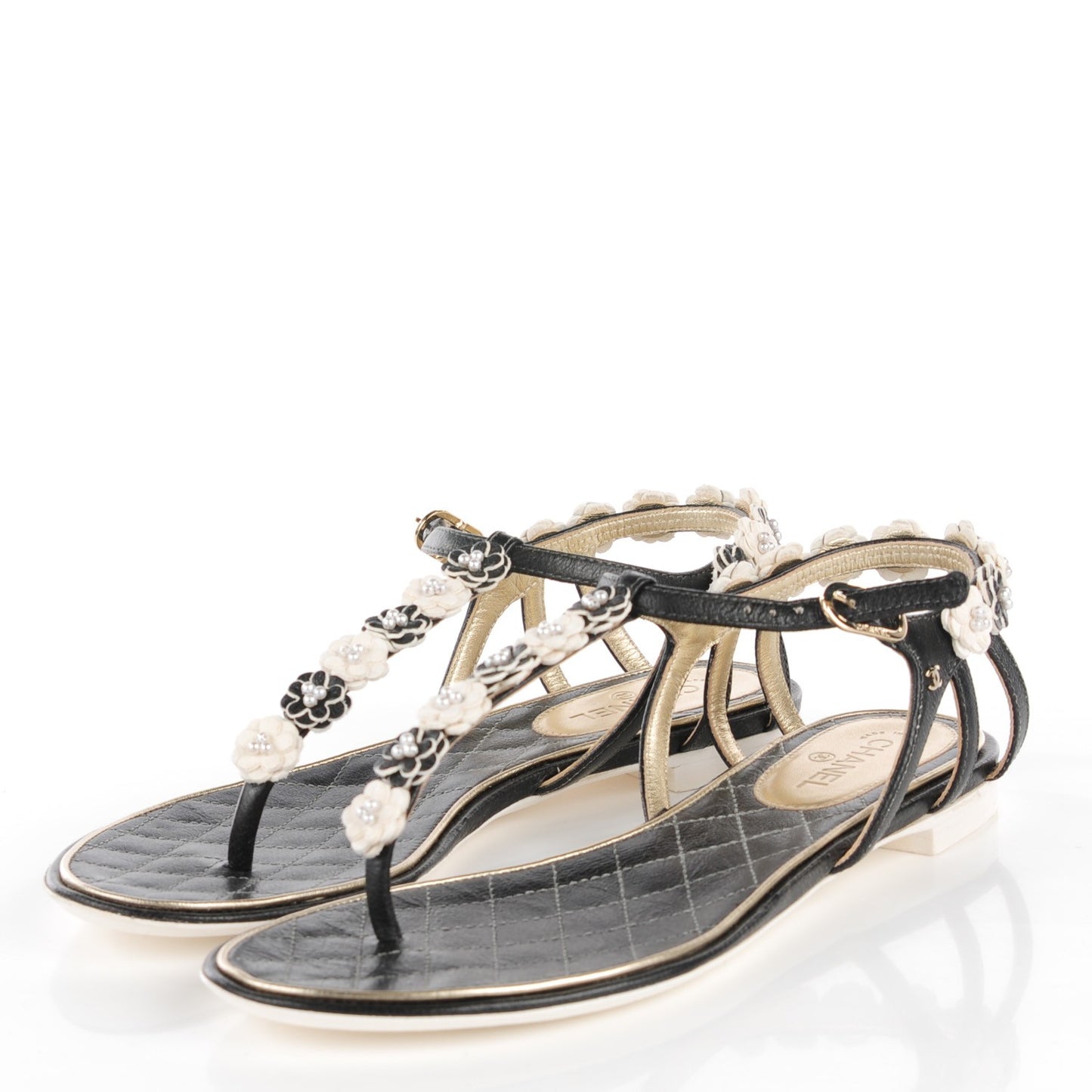 Calfskin Camellia Pearl Thong Sandals 36 Dark Grey