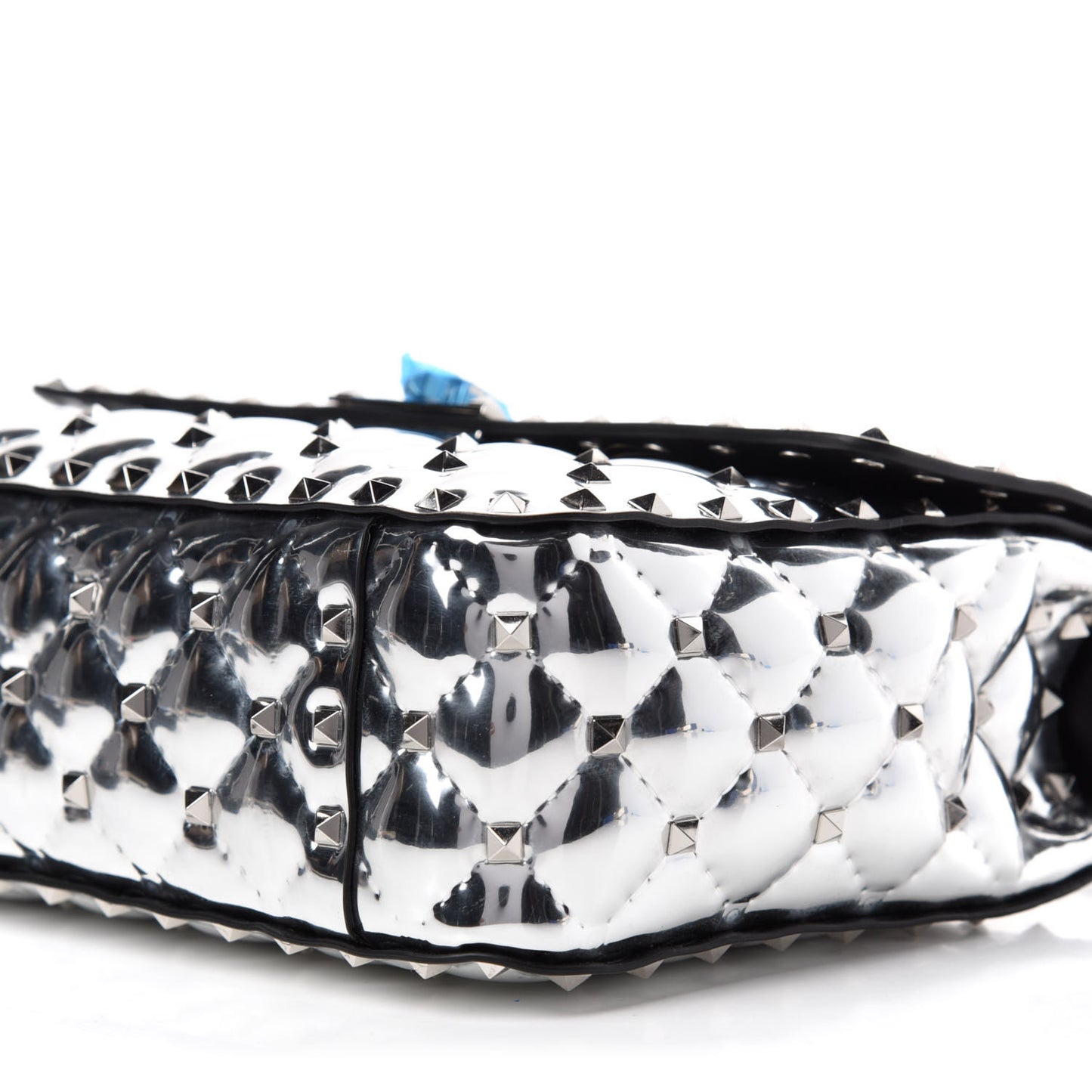 Metallic Patent Quilted Medium Rockstud Spike Shoulder Bag Silver