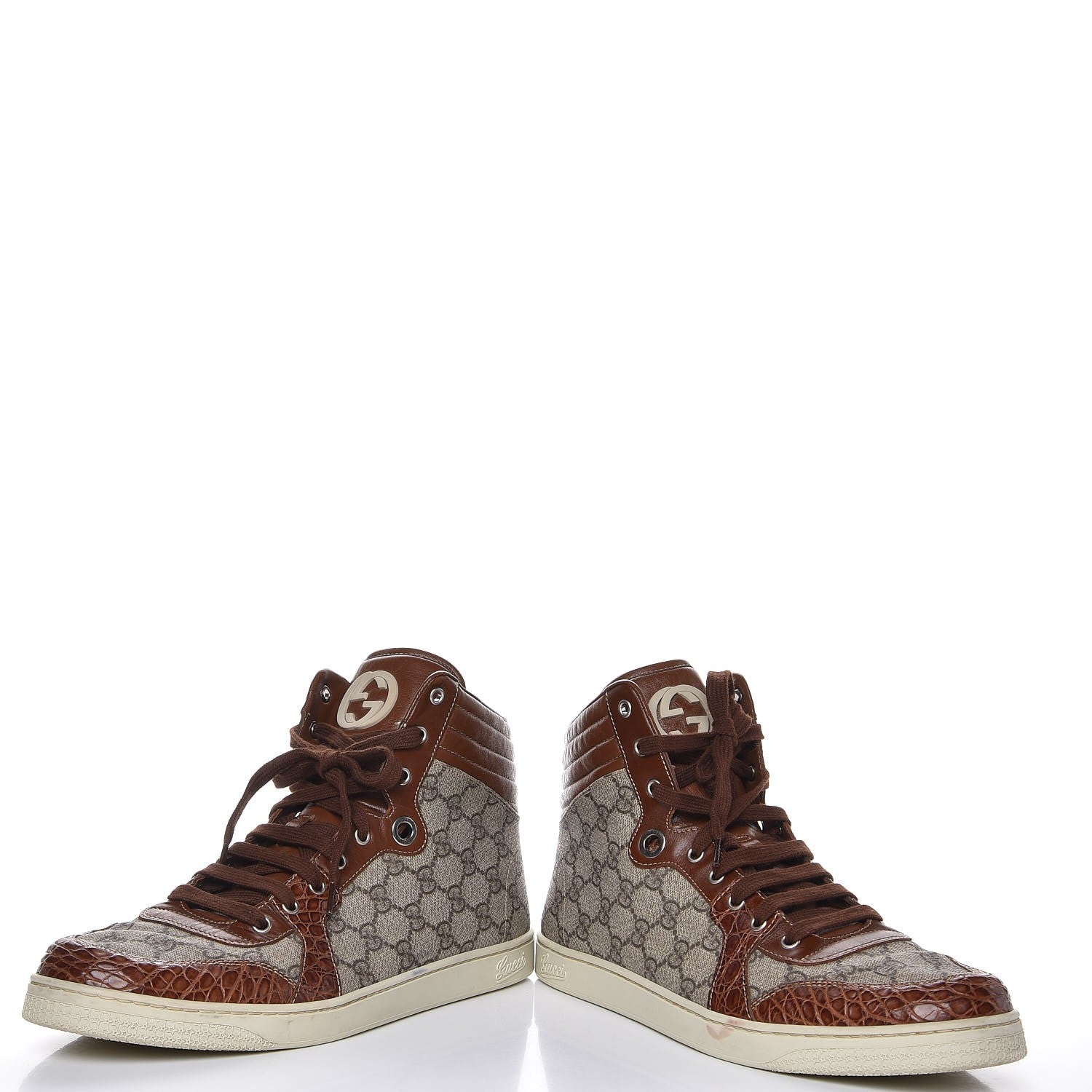 Gucci GG Plus Monogram Calfskin Crocodile Embossed Mens Coda High Top Sneakers 11.5 Brown 6 of 15