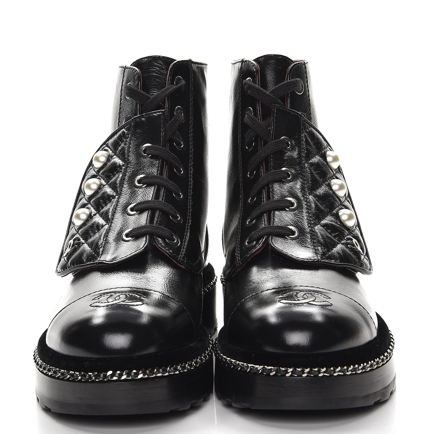 Crackled Calfskin Velvet Pearl Combat Short Boots 37.5 Black
