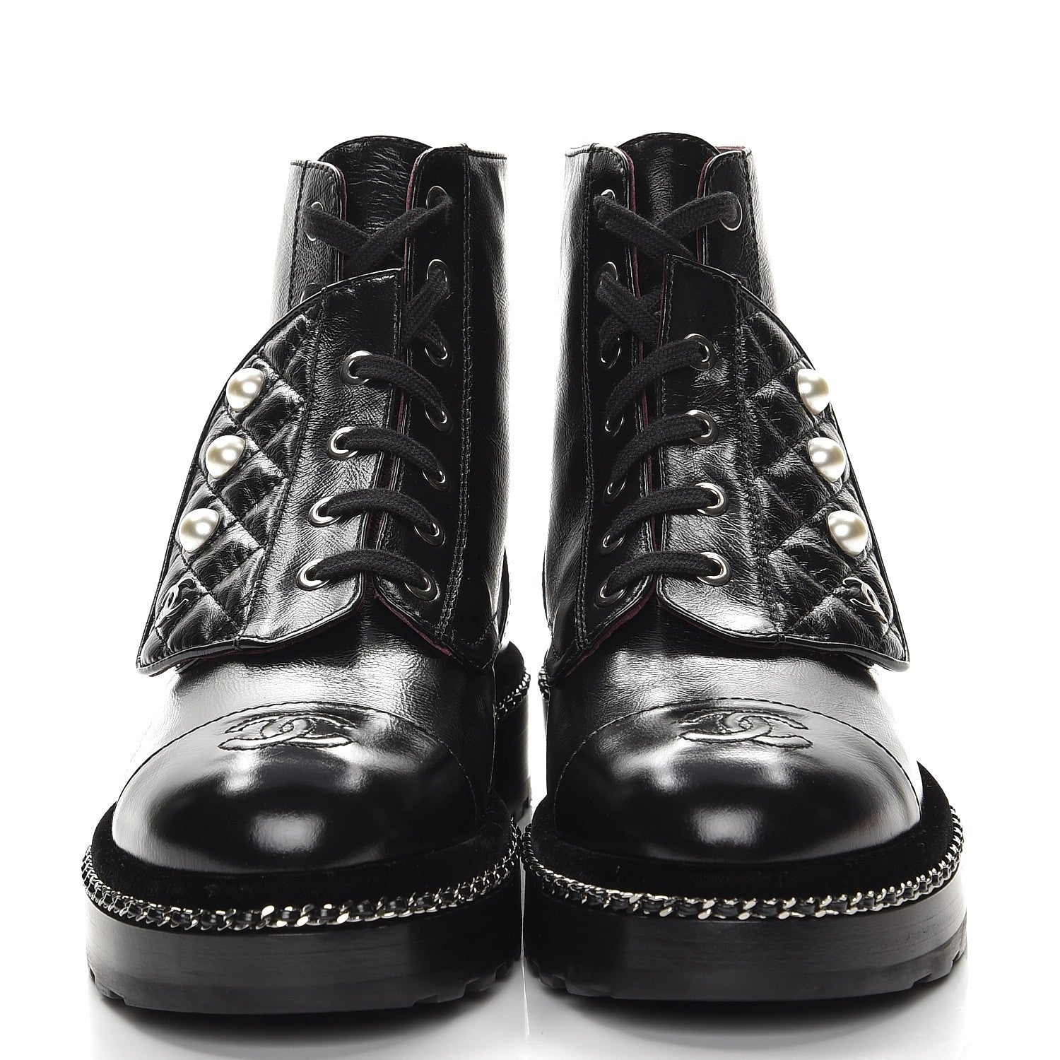 Chanel Crackled Calfskin Velvet Pearl Combat Short Boots 37.5 Black 3 of 8
