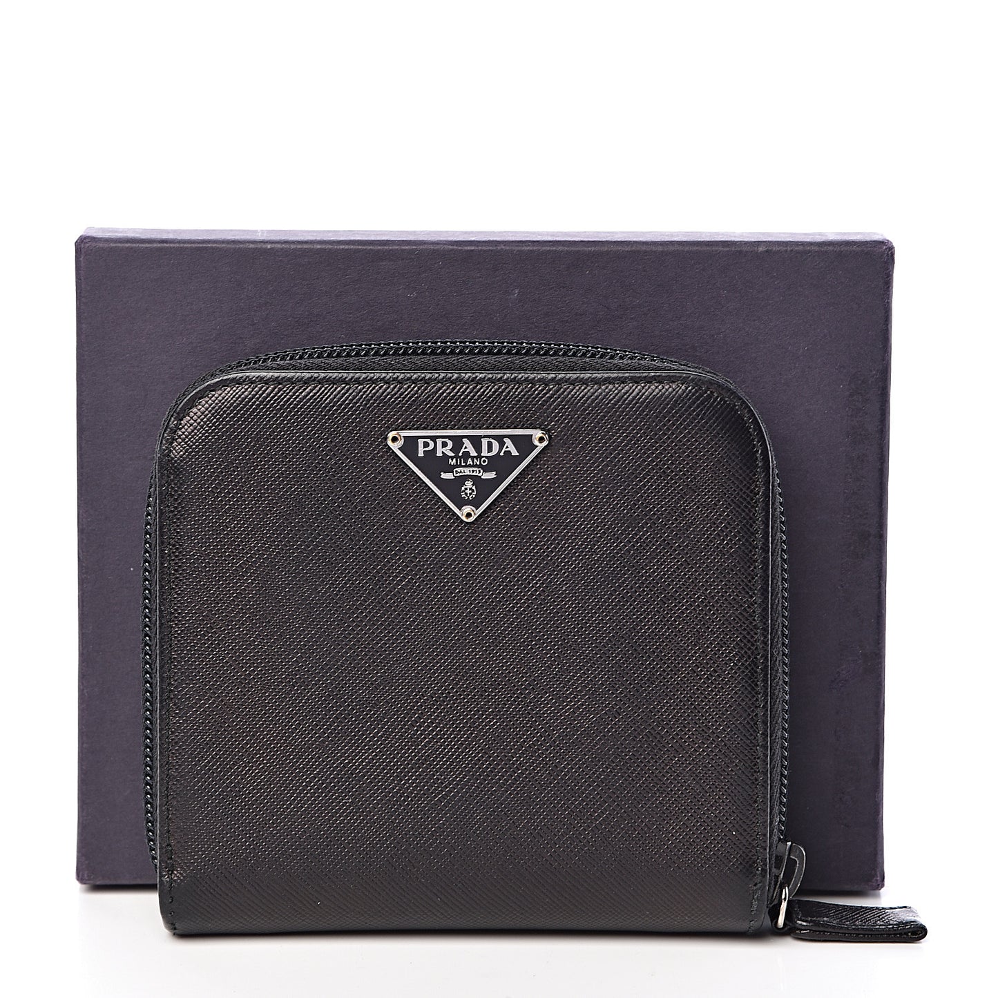 Saffiano Metal Compact Zip Around Wallet Black