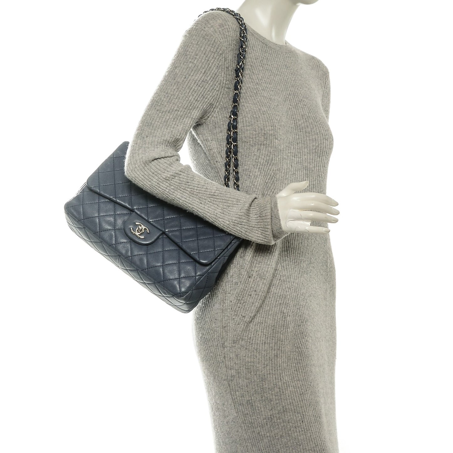 Washed Caviar Quilted Jumbo Single Flap Blue Roi