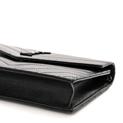 Saint Laurent Grain De Poudre Matelasse Chevron Monogram Monochrome Envelope Chain Wallet Black 9 of 11
