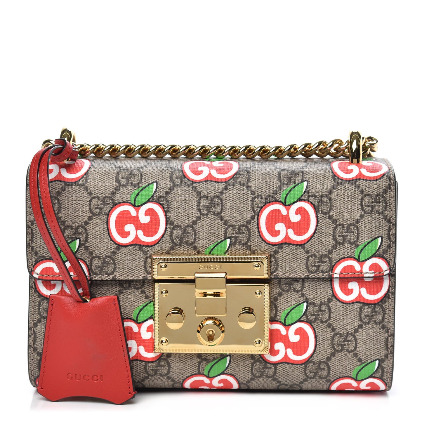 GG Supreme Monogram Apple Small Padlock Shoulder Bag Beige Multicolor Lobster Red
