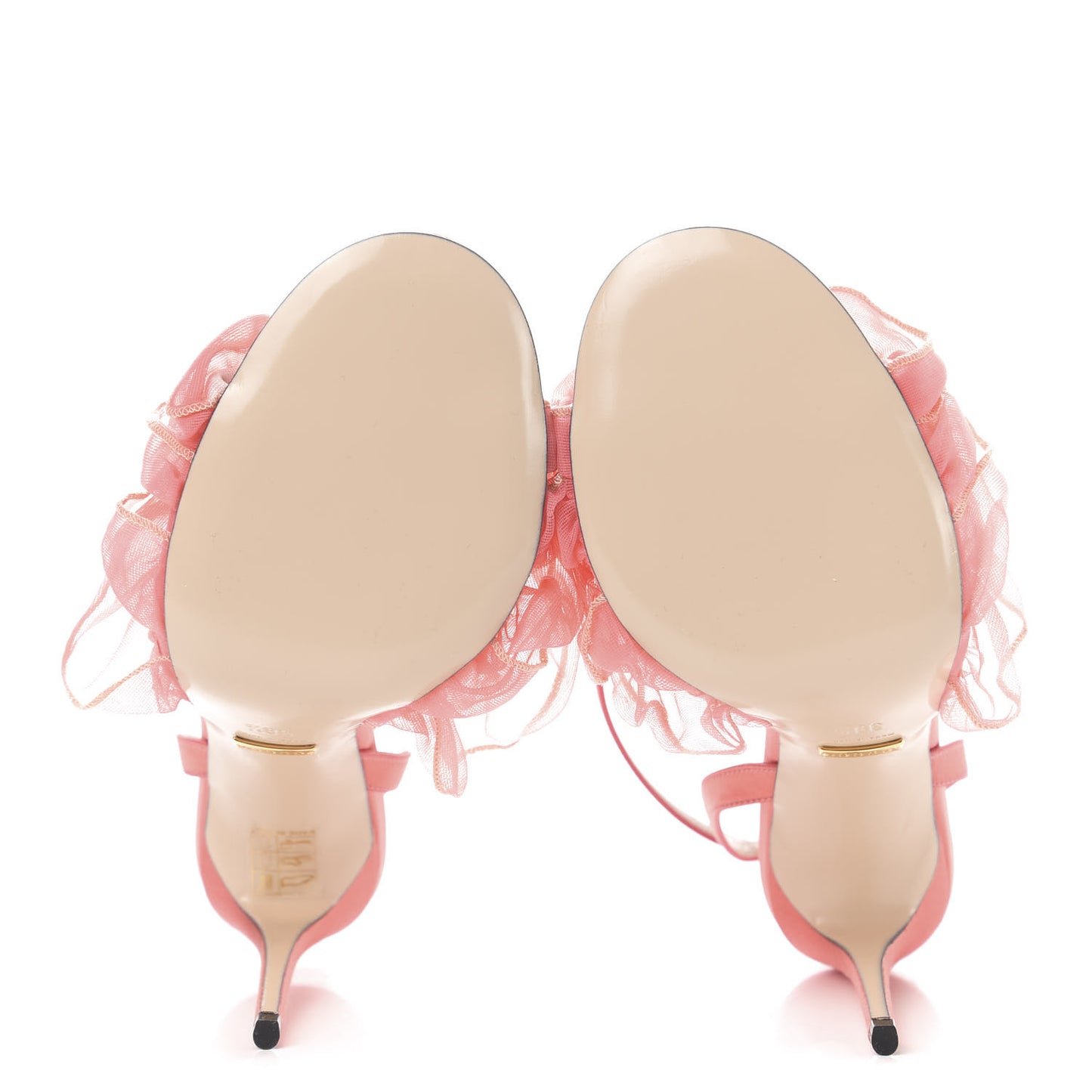 Tulle Ruffle High Heel Slingback Sandals 38.5 Peach White