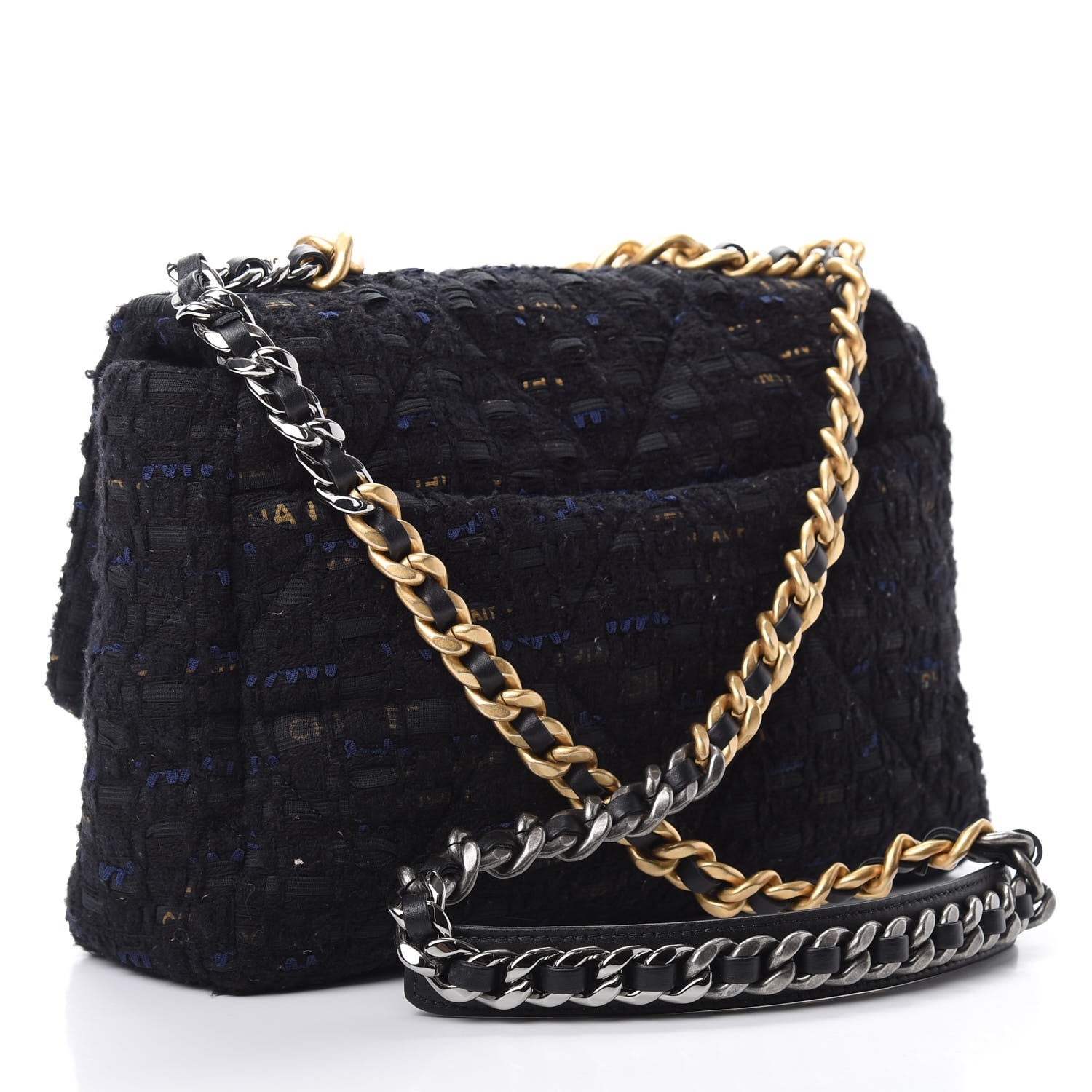 Chanel Tweed Quilted Large Chanel 19 Flap Black Navy Gold 3 of 12