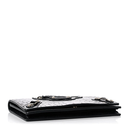 Balenciaga Calfskin Crocodile Embossed Classic Silver Hardware Wallet on Chain Black 3 of 9