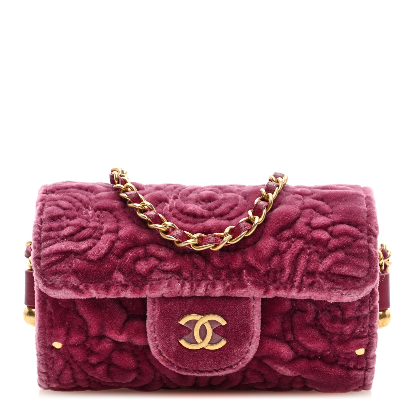 Velvet Camellia Embossed Jewel Belt Card Holder With Chain Pink