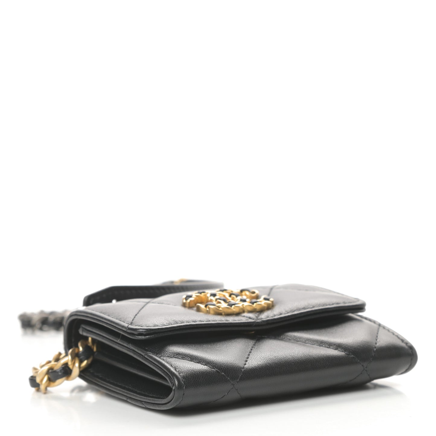Shiny Goatskin Quilted Chanel 19 Flap Coin Purse With Chain Black