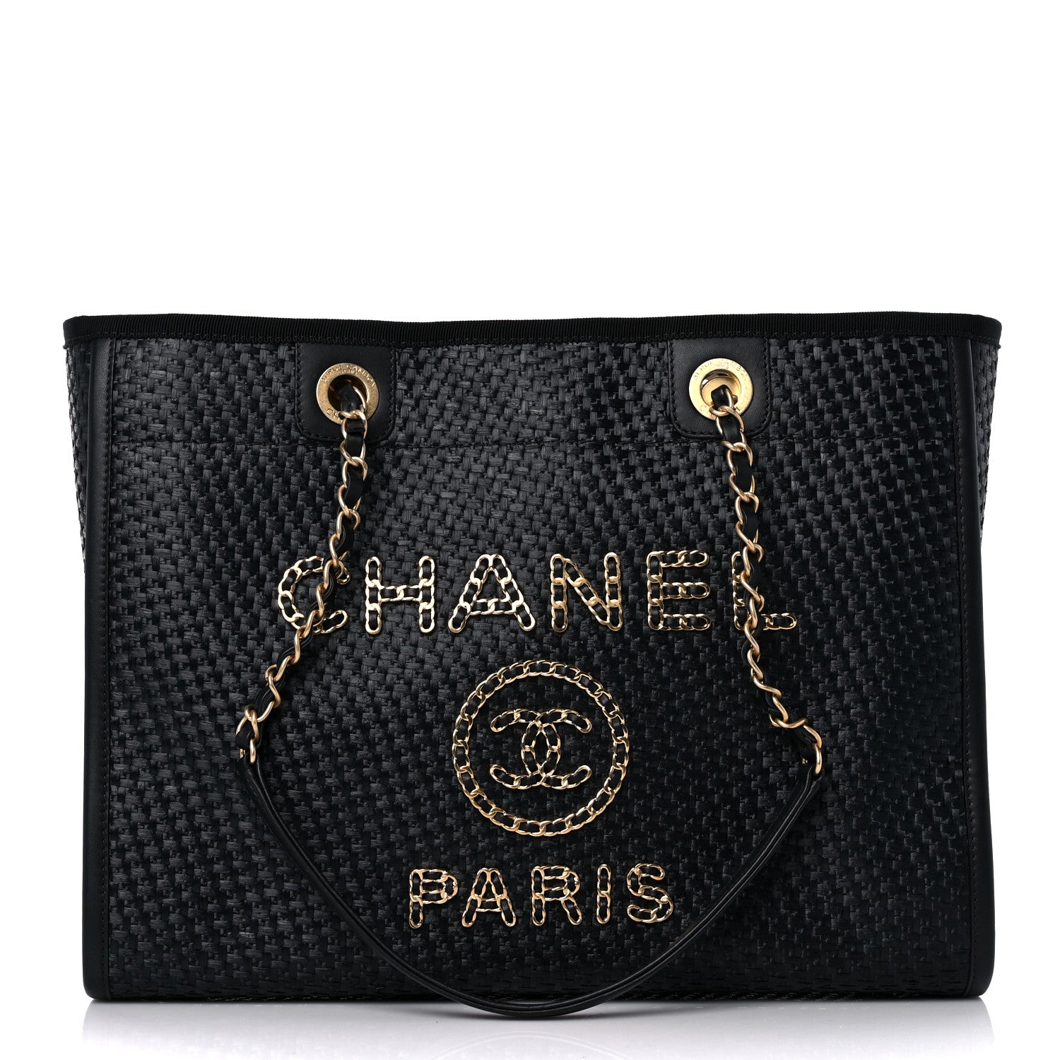 Chanel Straw Raffia Calfskin Chain Small Deauville Tote Black 1 of 12