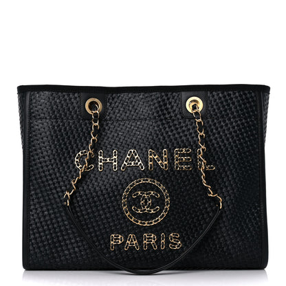 Chanel Straw Raffia Calfskin Chain Small Deauville Tote Black 1 of 12