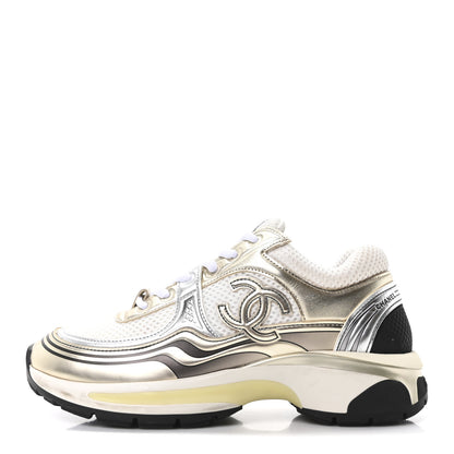 Chanel Fabric Laminated Calfskin Stretch CC Sneakers 36 White Gold Silver 1 of 9