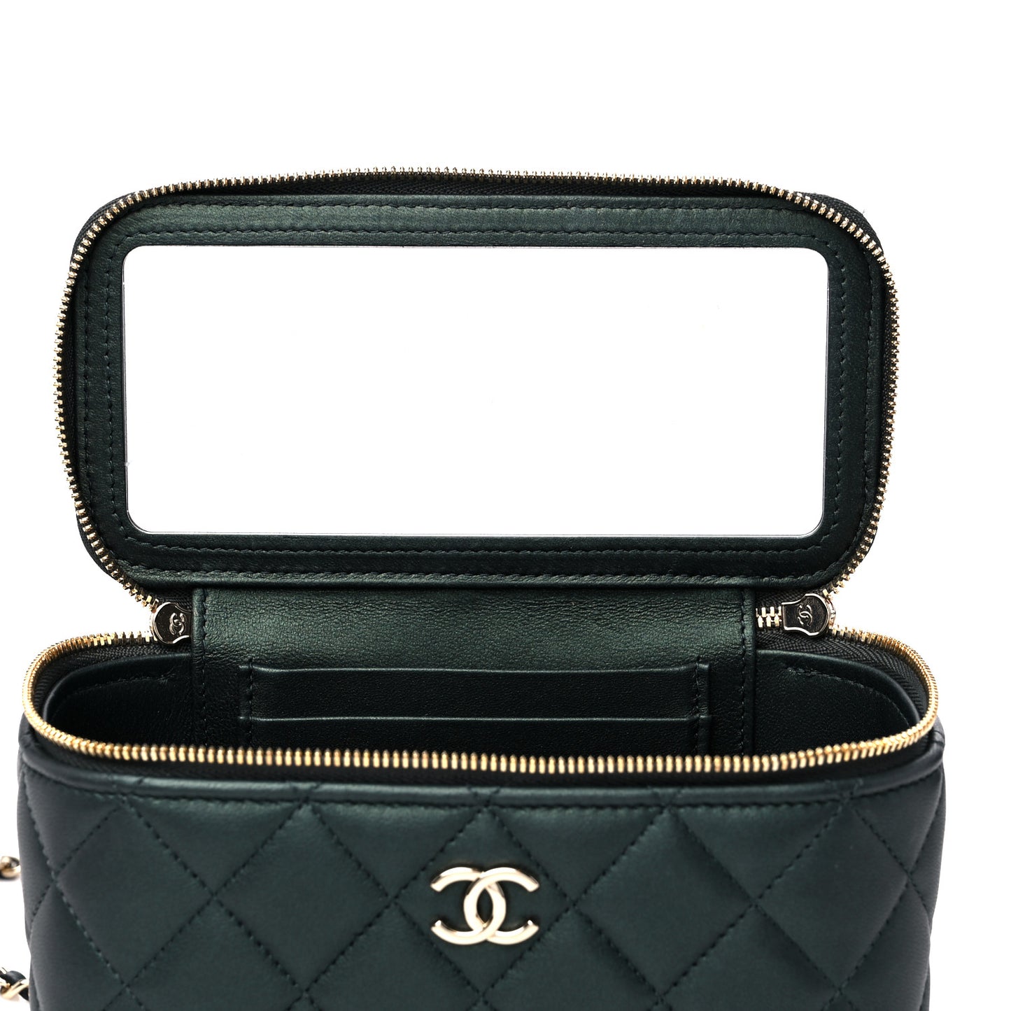 Iridescent Lambskin Quilted Small Top Handle Vanity Case With Chain Dark Green
