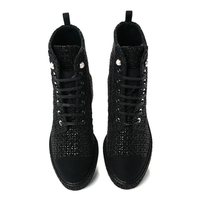 Chanel Tweed Grosgrain Fabric Lace Up Combat Boots 37 Black 4 of 10