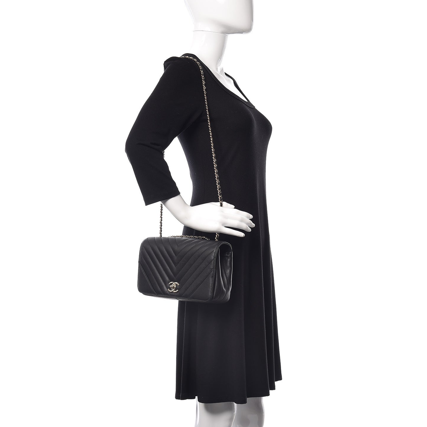 Calfskin Chevron Quilted Statement Flap Black