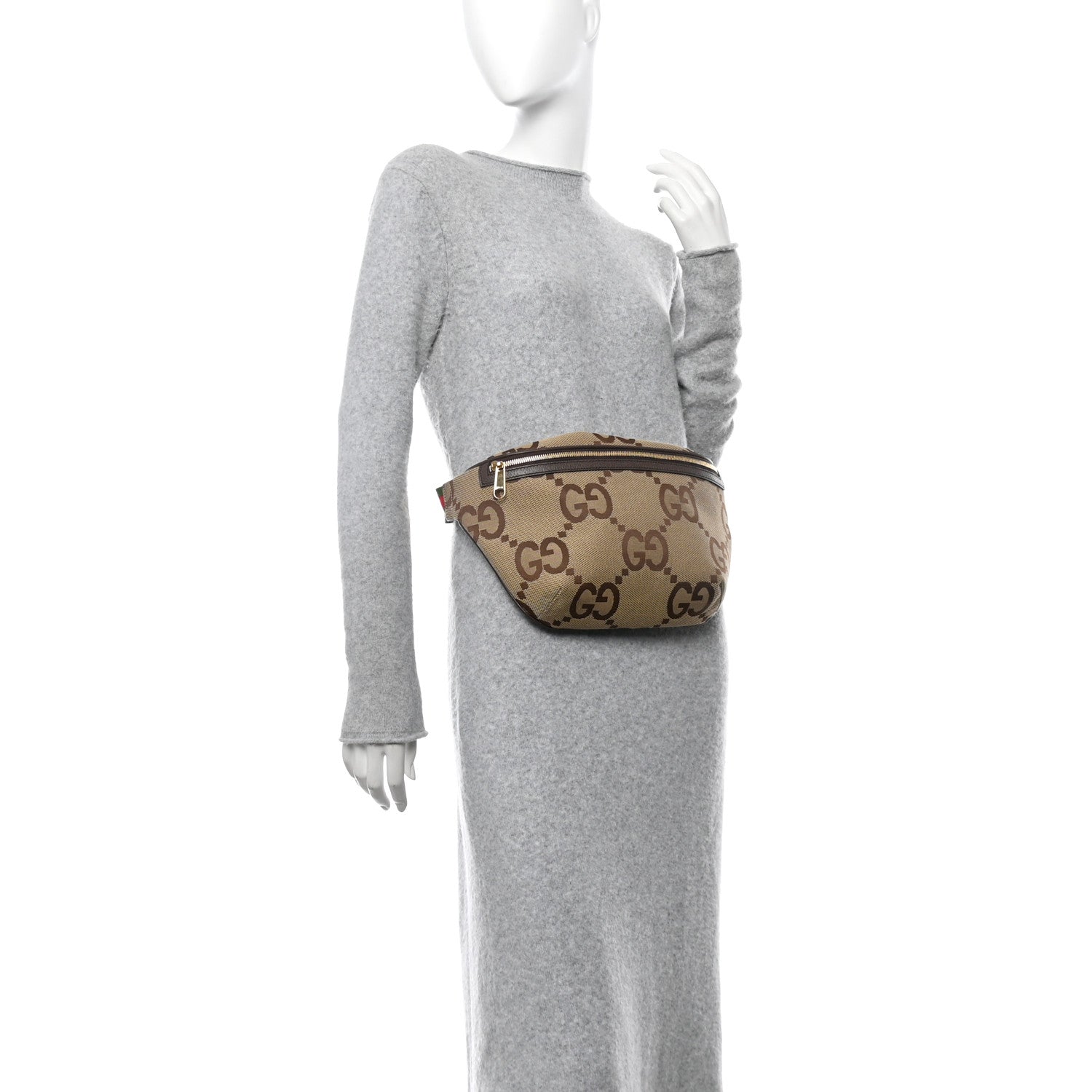 Gucci Monogram Jumbo GG Textured Dollar Calfskin Web Belt Bag Camel Ebony New Acero 2 of 10