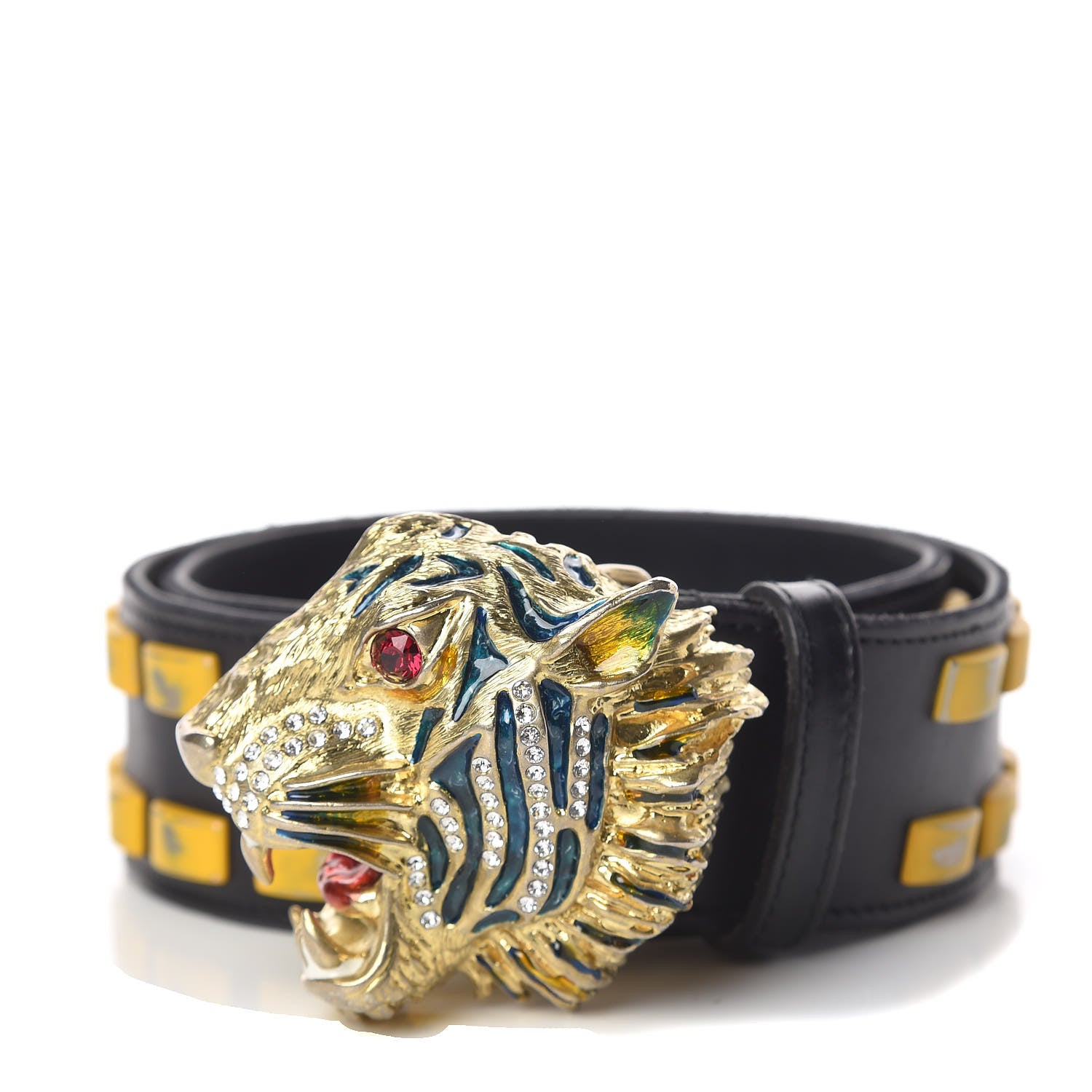 Gucci Metal Tiger Head Studded Belt 80 32 Yellow Black 1 of 8