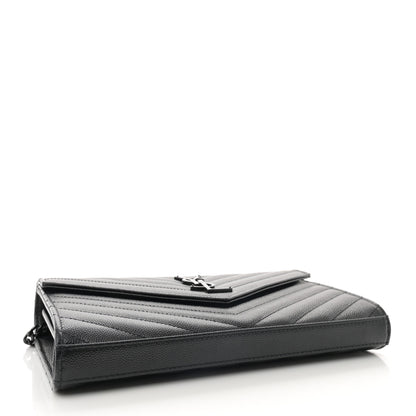 Saint Laurent Grain De Poudre Matelasse Chevron Monogram Monochrome Chain Wallet Black 4 of 11