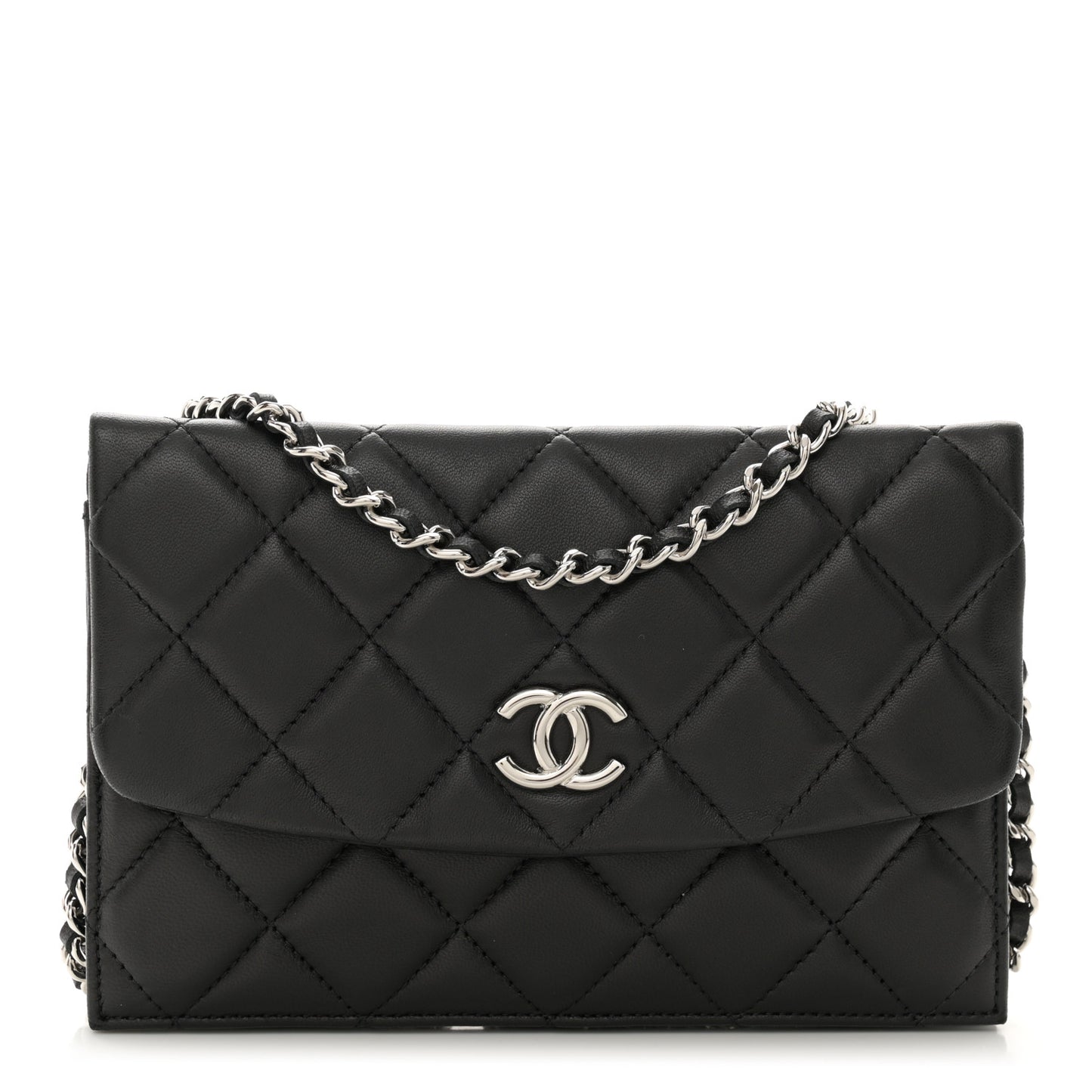 Lambskin Quilted Double Sided Wallet On Chain WOC Black