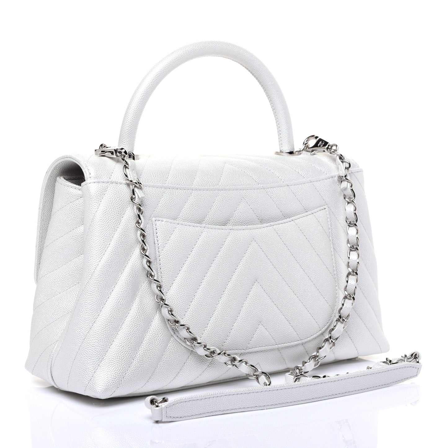 Iridescent Caviar Chevron Quilted Small Coco Handle Flap White