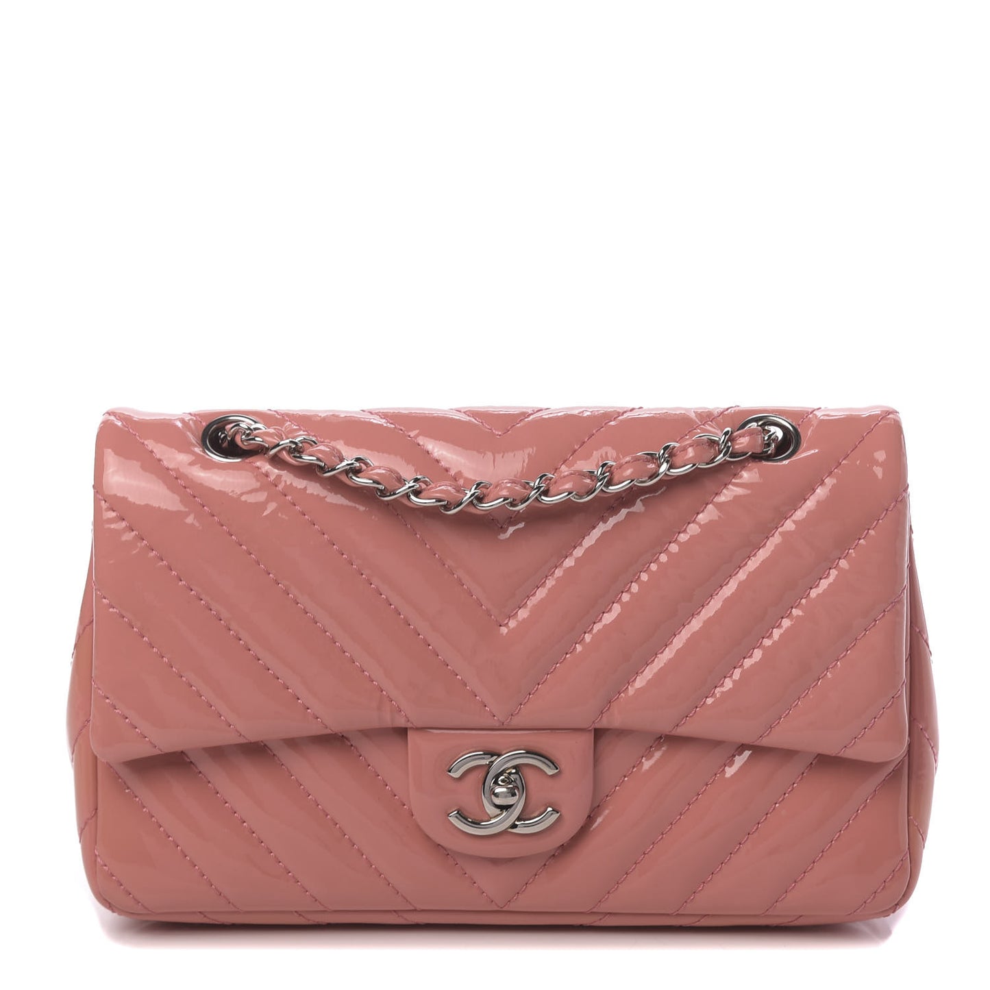 Patent Chevron Quilted Medium Single Flap Pink