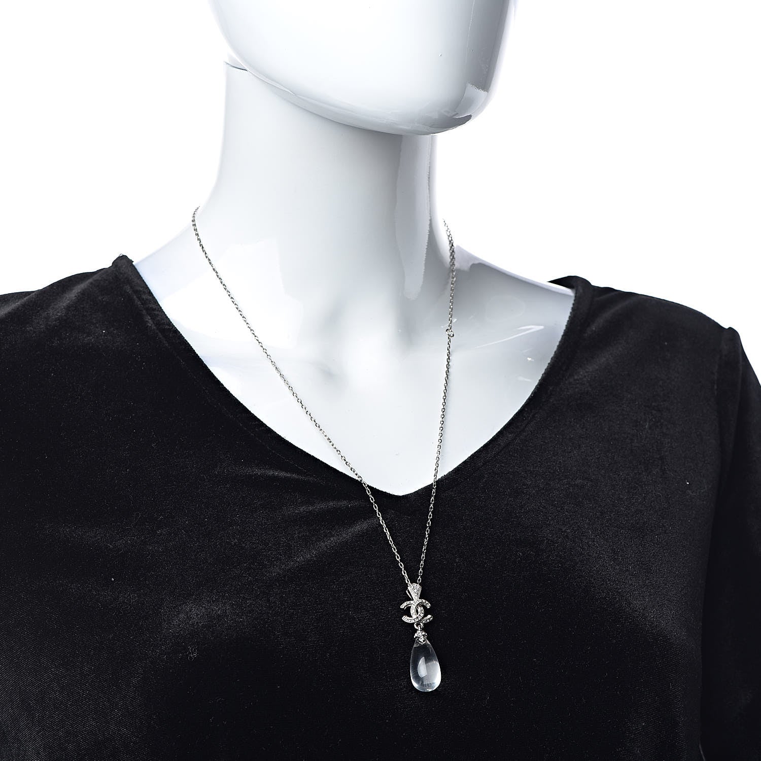 Chanel CC Crystal Teardrop Necklace Silver 2 of 6