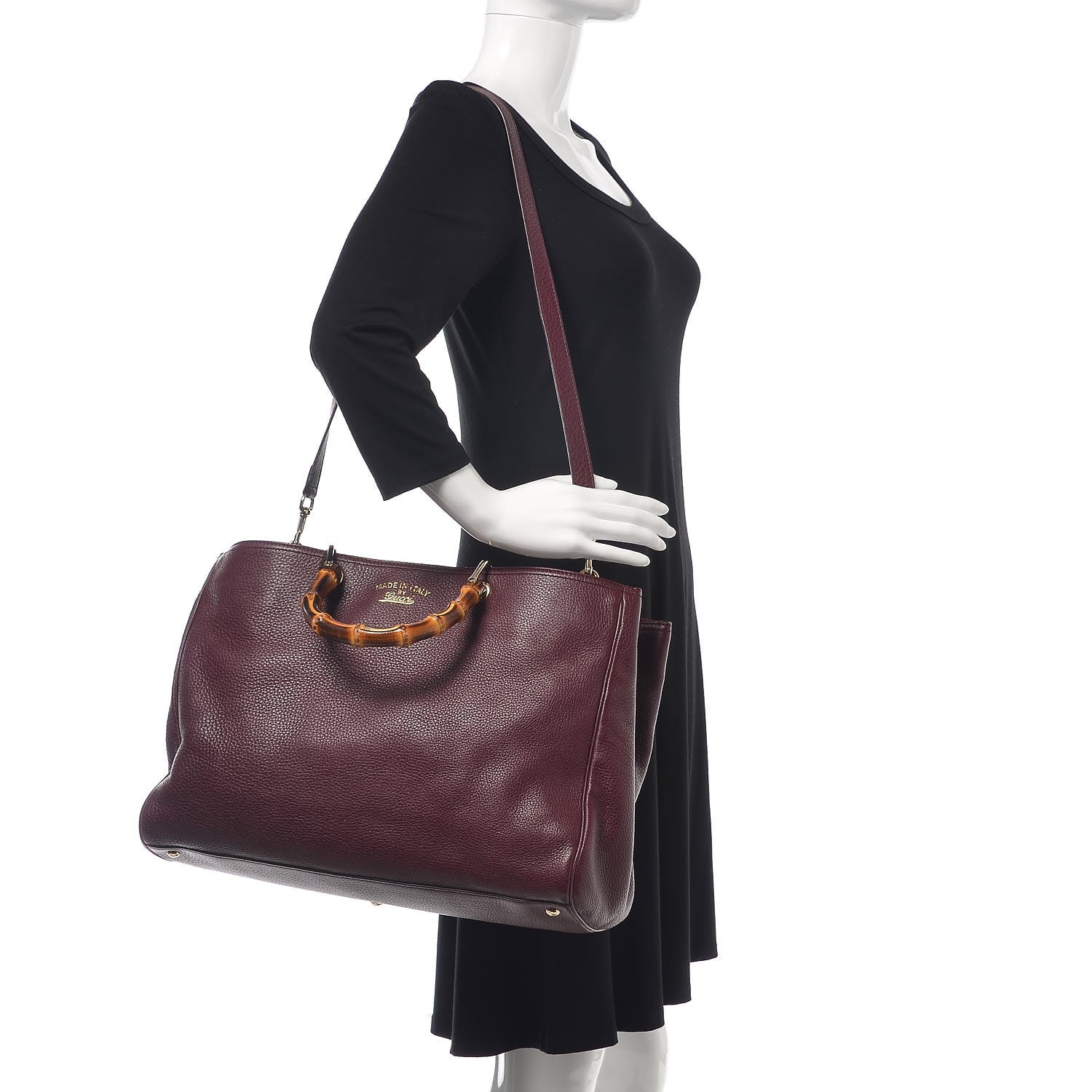 Gucci Pebbled Calfskin Large Bamboo Shopper Tote Burgundy 2 of 15