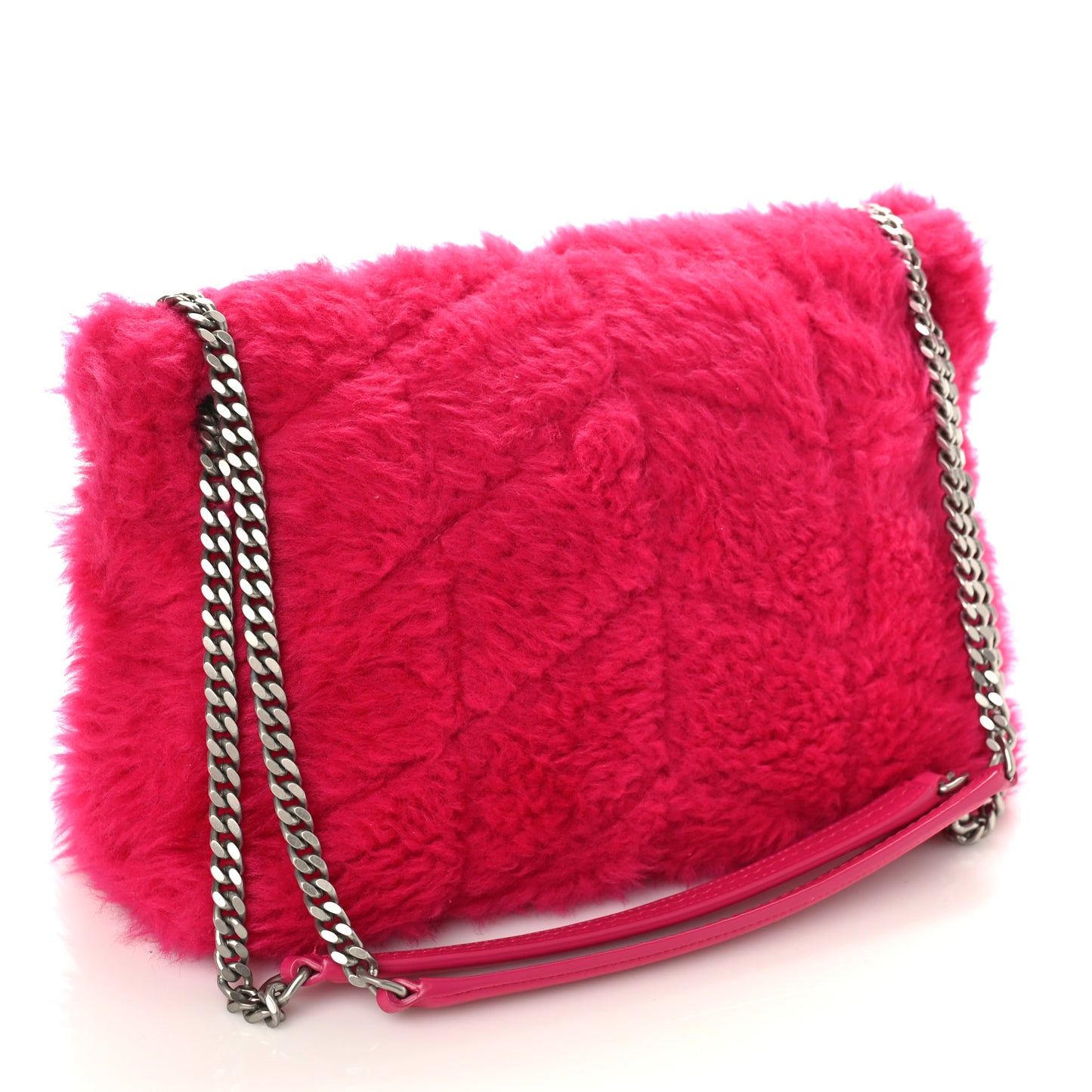 Merino Shearling Lambskin Quilted Small Loulou Puffer Monogram Chain Satchel Fuchsia