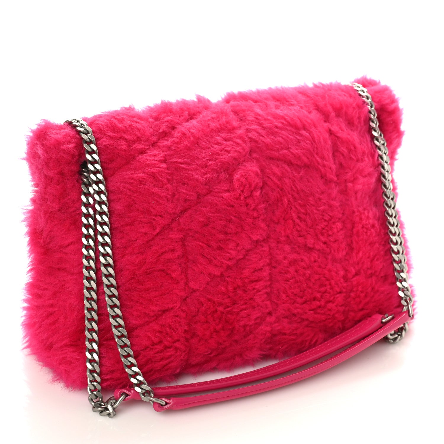 Saint Laurent Merino Shearling Lambskin Quilted Small Loulou Puffer Monogram Chain Satchel Fuchsia 3 of 8