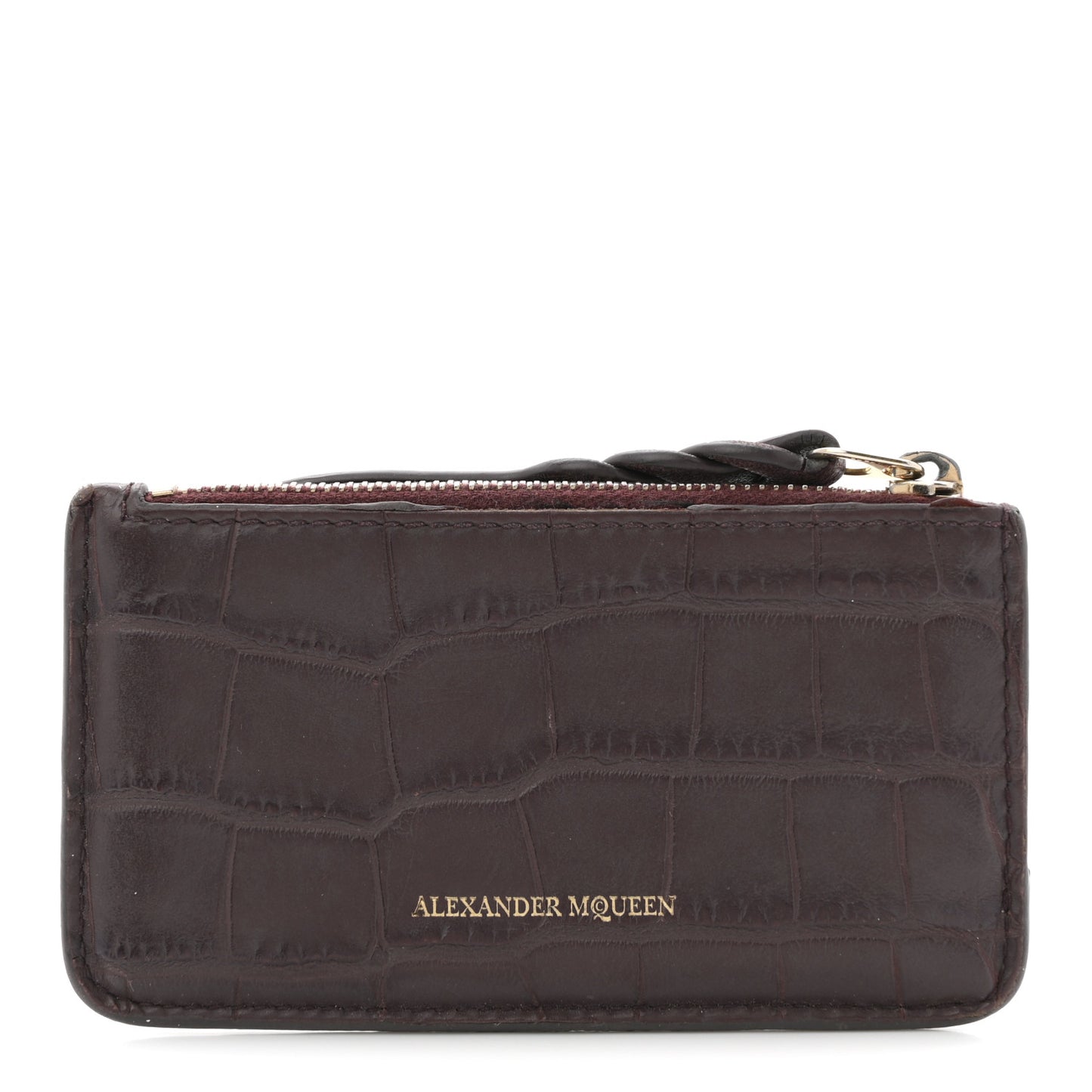 Calfskin Crocodile Embossed Card Holder Wallet Burgundy