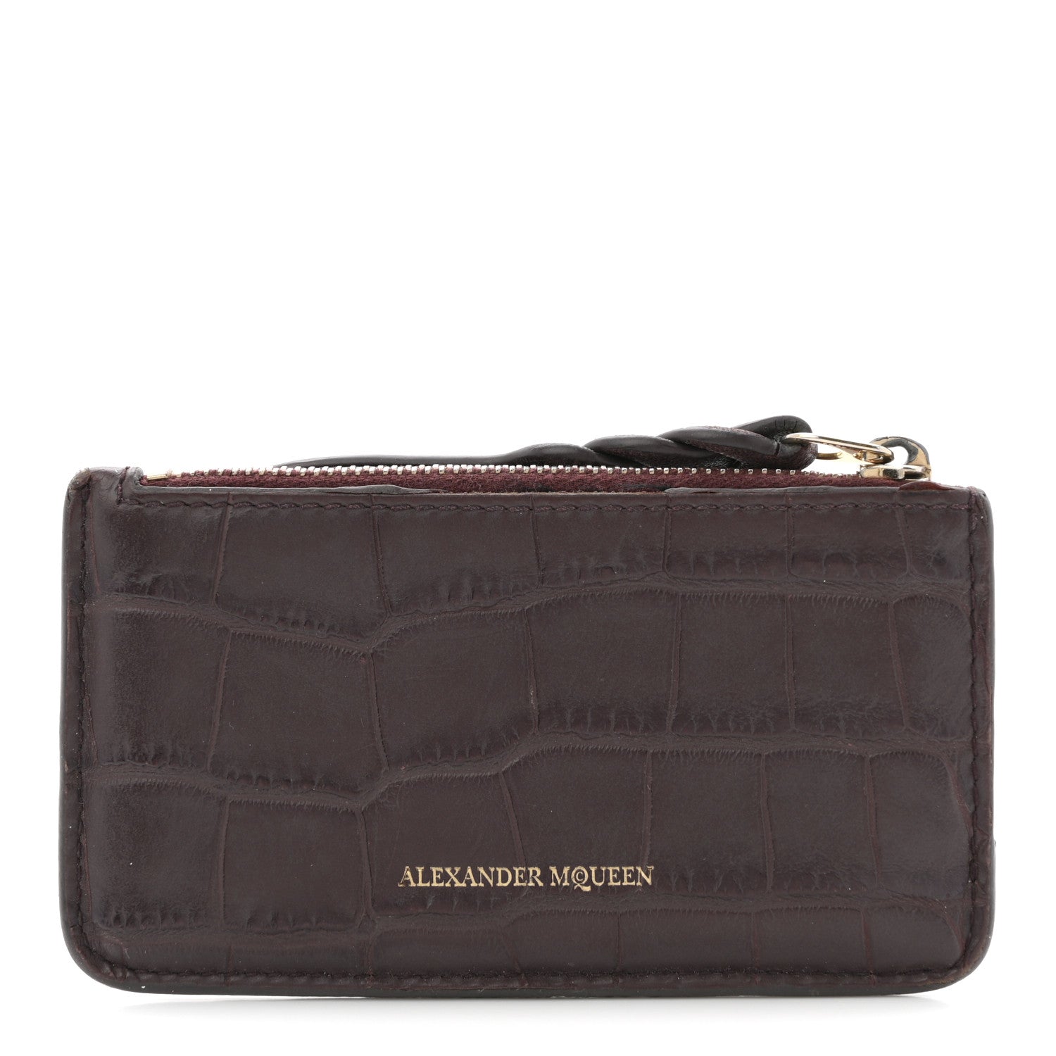 Alexander McQueen Calfskin Crocodile Embossed Card Holder Wallet Burgundy 1 of 9