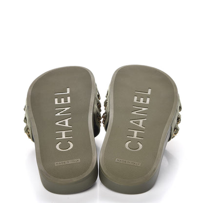 Chanel Canvas Chain Flat Sandals 38 Khaki 5 of 9