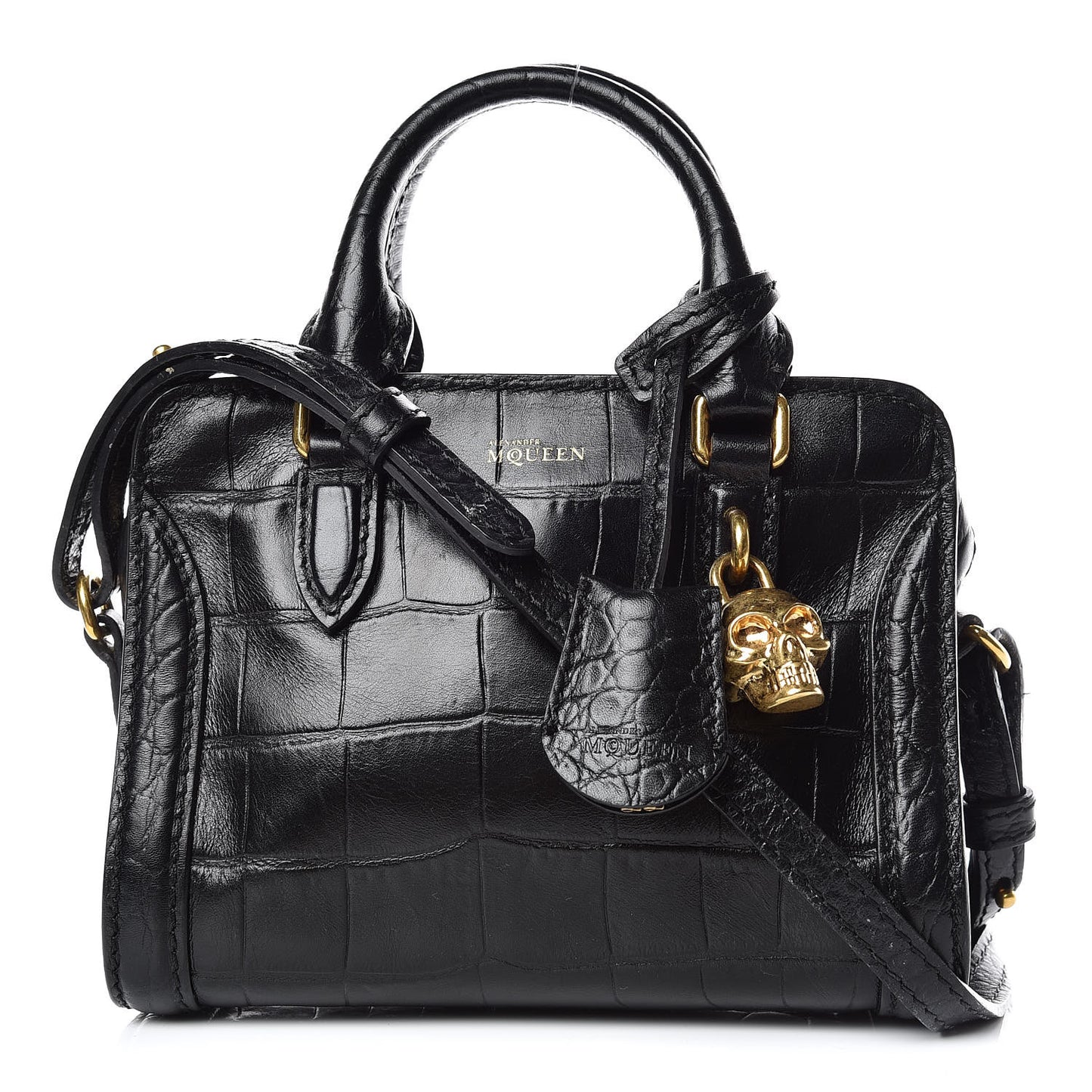 Calfskin Crocodile Embossed Mini Skull Padlock Zip Around Tote Black