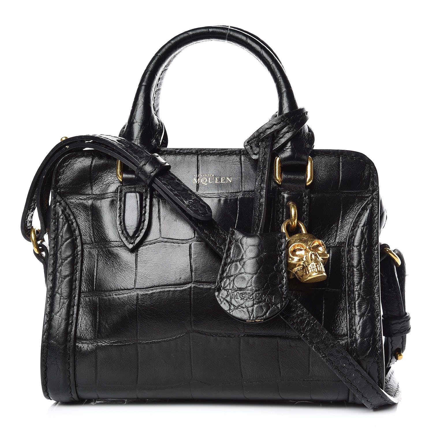 Alexander McQueen Calfskin Crocodile Embossed Mini Skull Padlock Zip Around Tote Black 1 of 13
