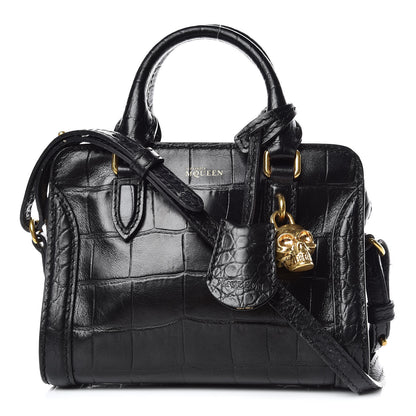 Alexander McQueen Calfskin Crocodile Embossed Mini Skull Padlock Zip Around Tote Black 1 of 13
