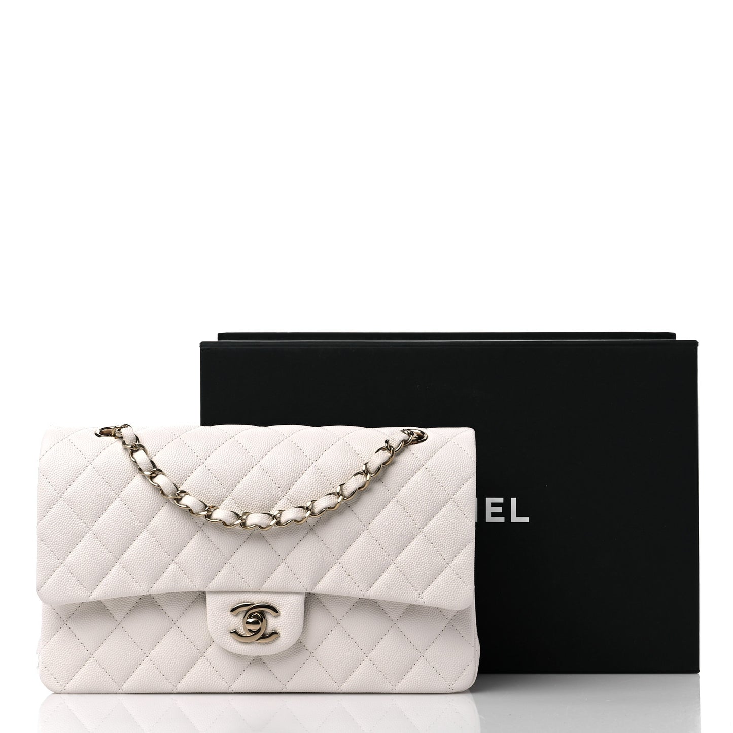 Caviar Quilted Medium Double Flap White