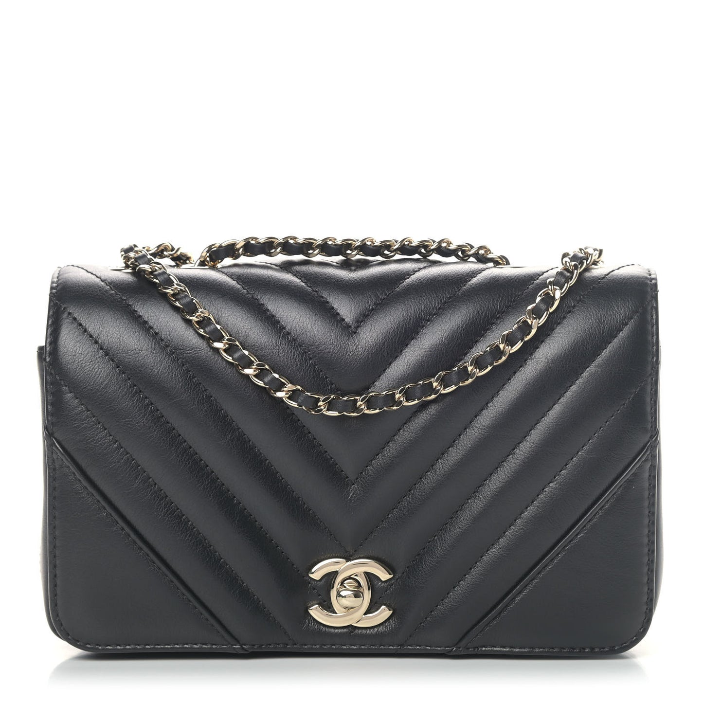 Calfskin Chevron Quilted Mini Statement Flap Black
