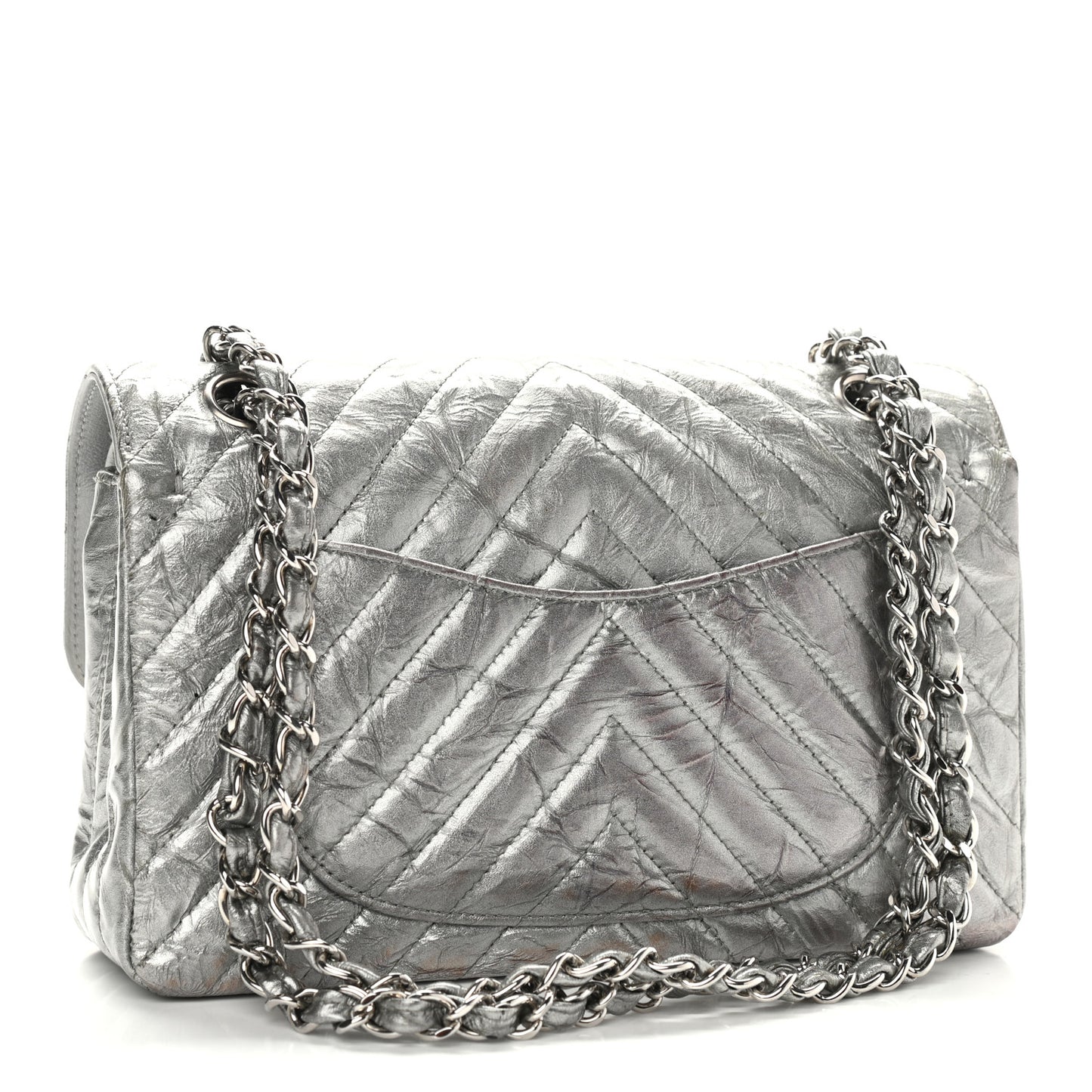 Metallic Crumpled Calfskin Chevron Quilted Mini Rectangular Flap Silver