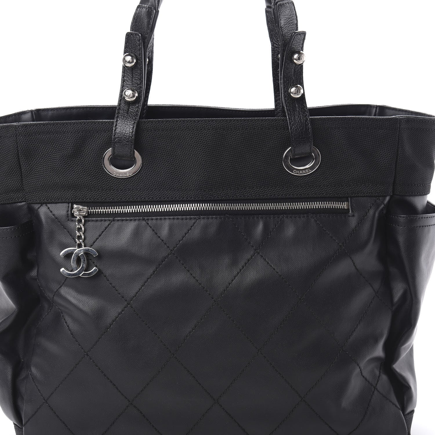 Chanel Coated Canvas Quilted Large Paris Biarritz Tote Black 8 of 11