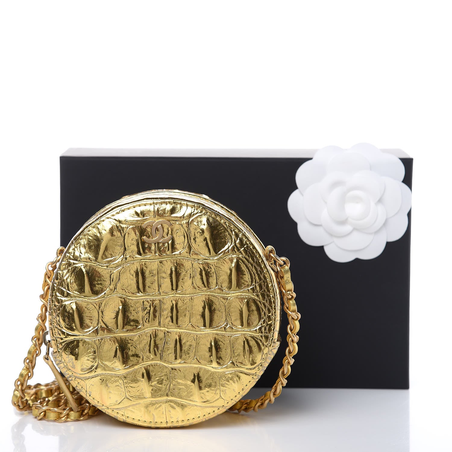 Chanel Metallic Calfskin Crocodile Embossed Cocodile Round Clutch with Chain Gold 8 of 8
