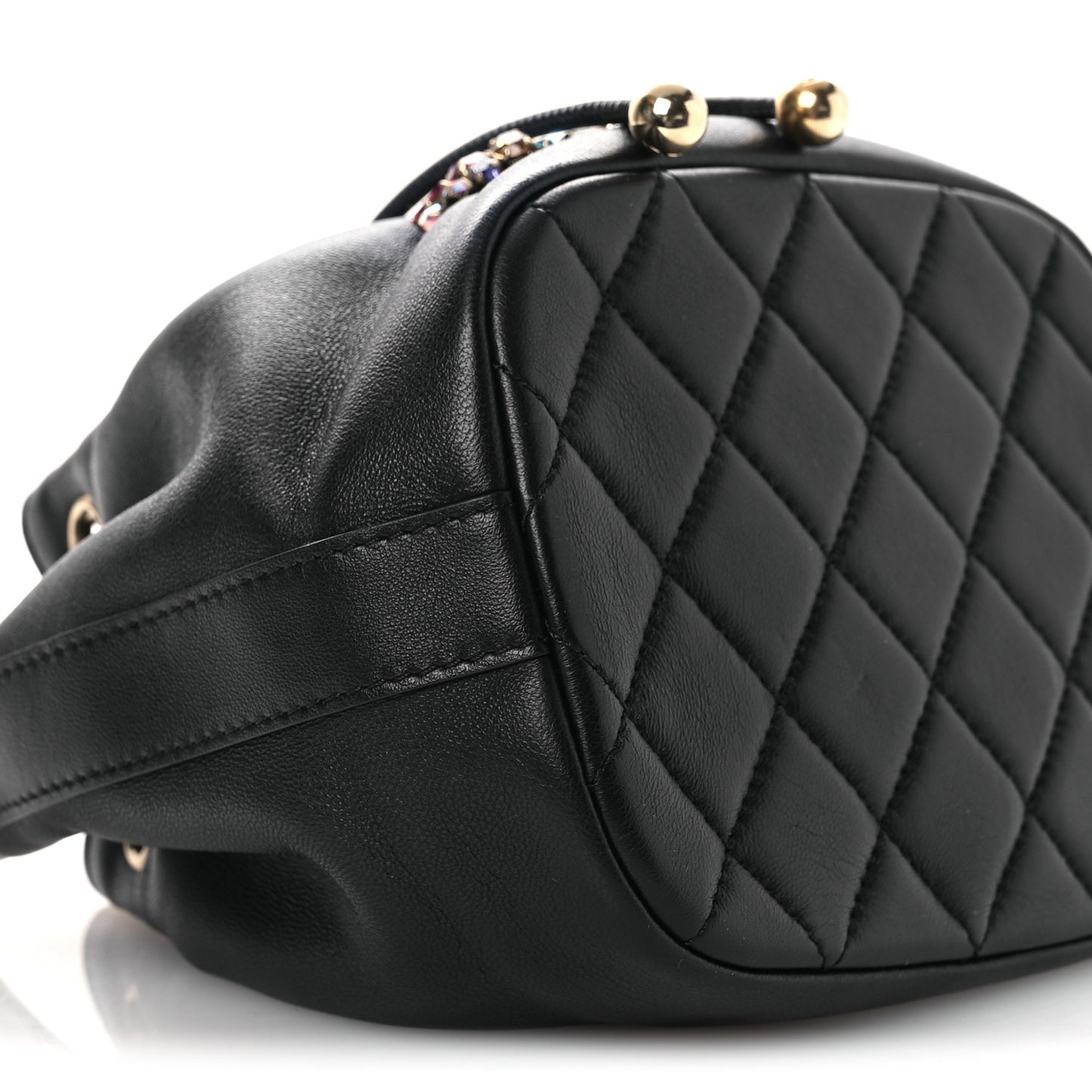 Lambskin Calfskin Quilted Mini Strass Mania Drawstring Bucket Bag Black